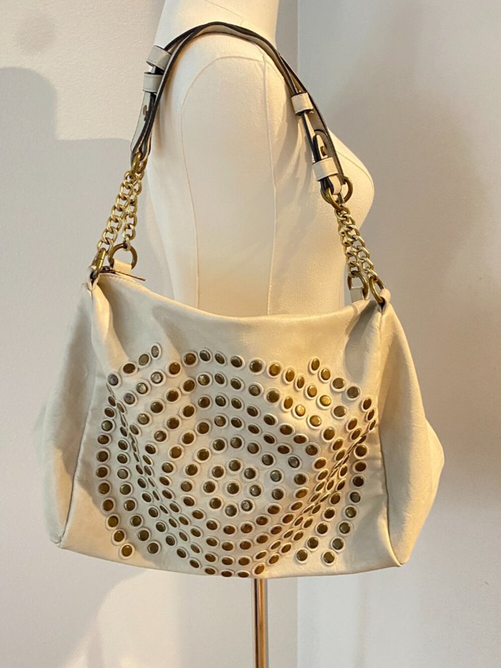 Ivory Studded Hobo Shoulder Bag – Gold Hardware